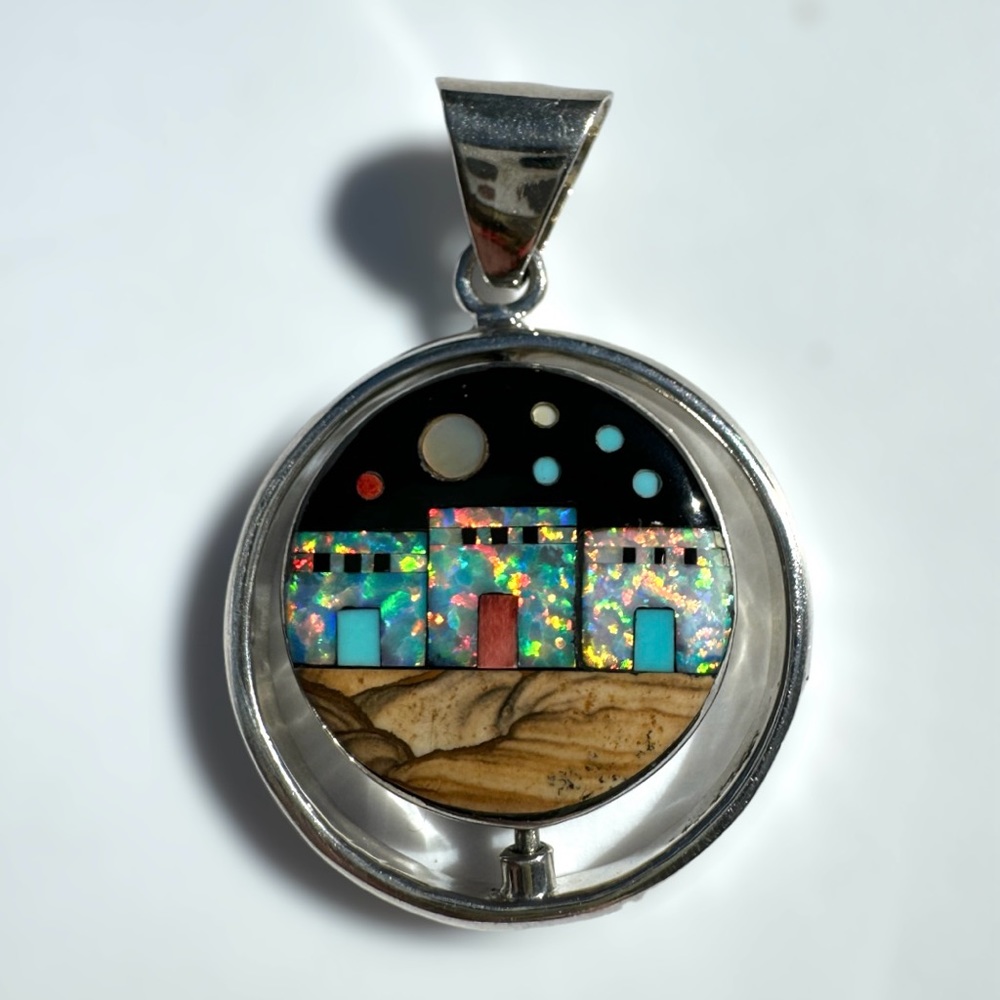 Vintage sterling silver inlay many moons double sided pendant